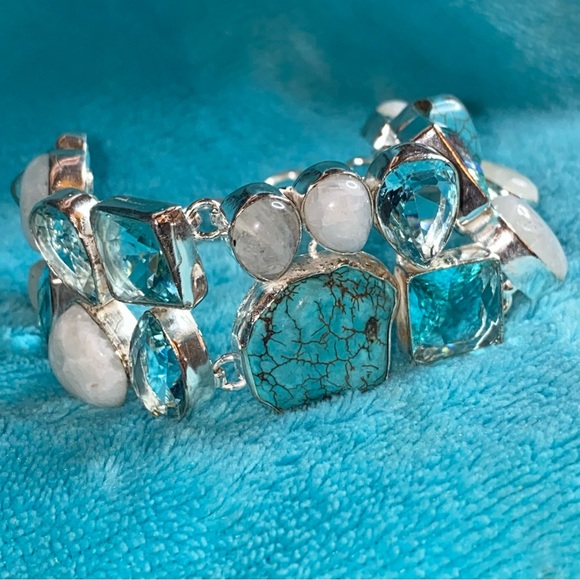 Gorgeous Tibetan Turquoise + Moonstone + Blue Topaz statement cuff bracelet - Picture 4 of 14
